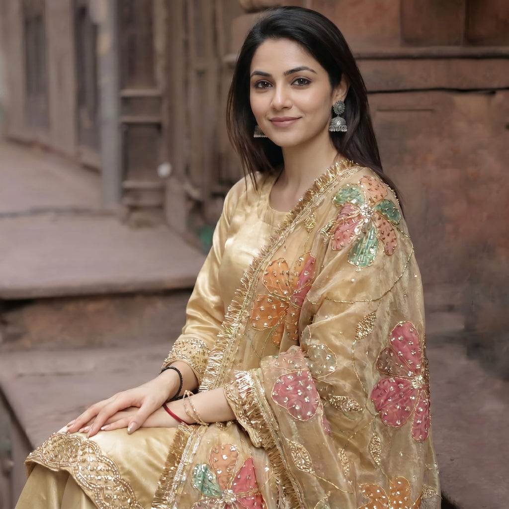 Pushpanjali Ivory satin - organza handwork  sharara set