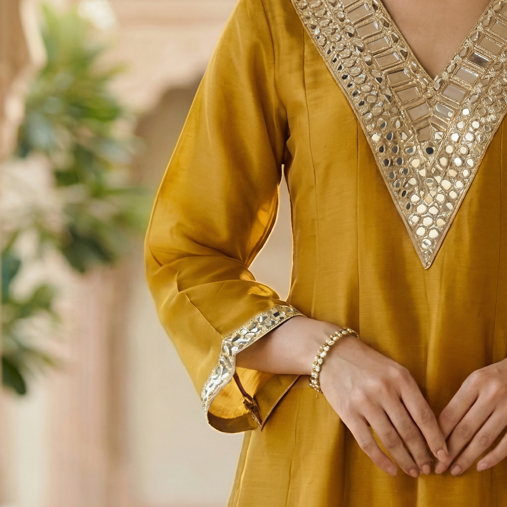 Sheesha Mustard Mirror work Kurta set