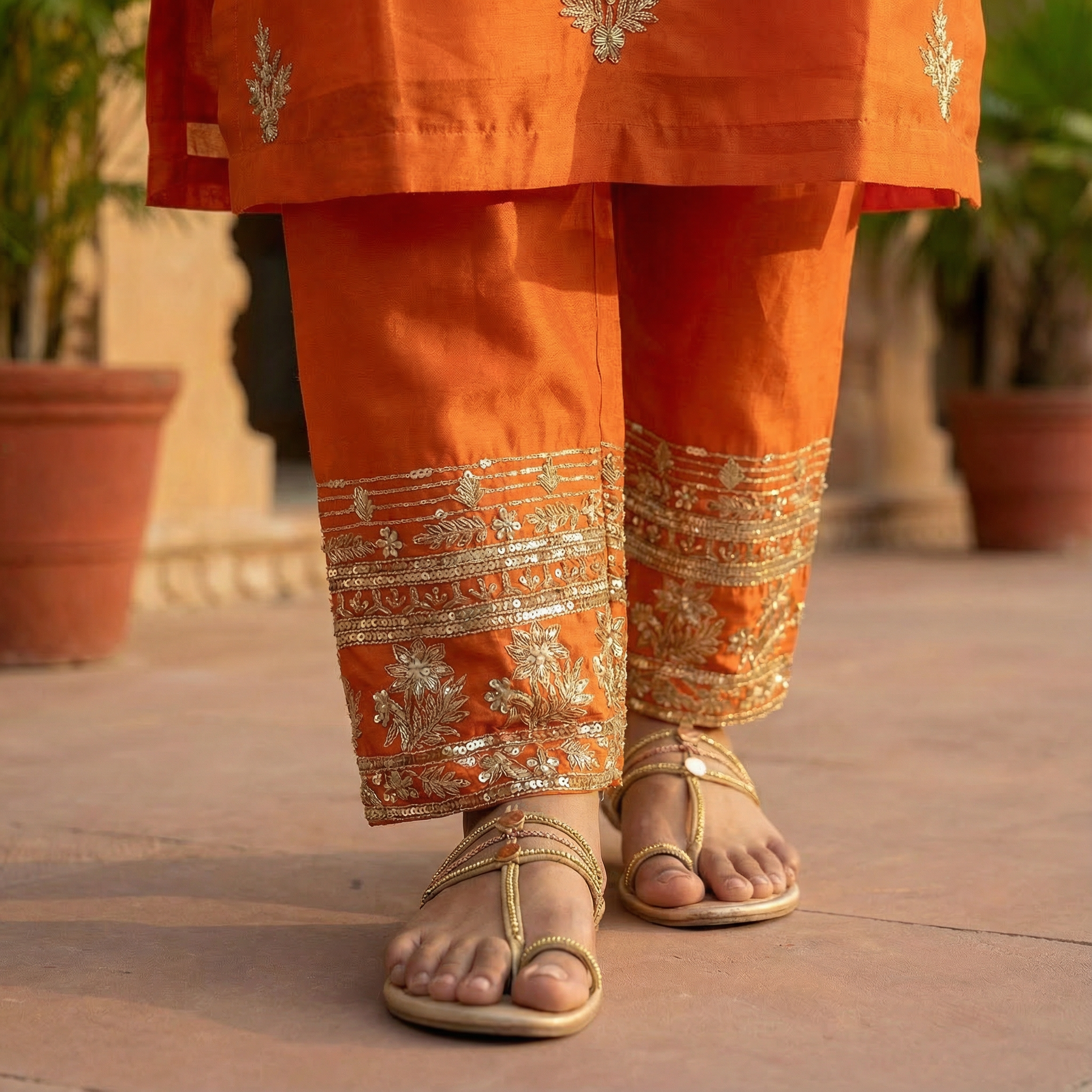Zariya Noor Handcrafted Organza Rust Orange Kurta Set