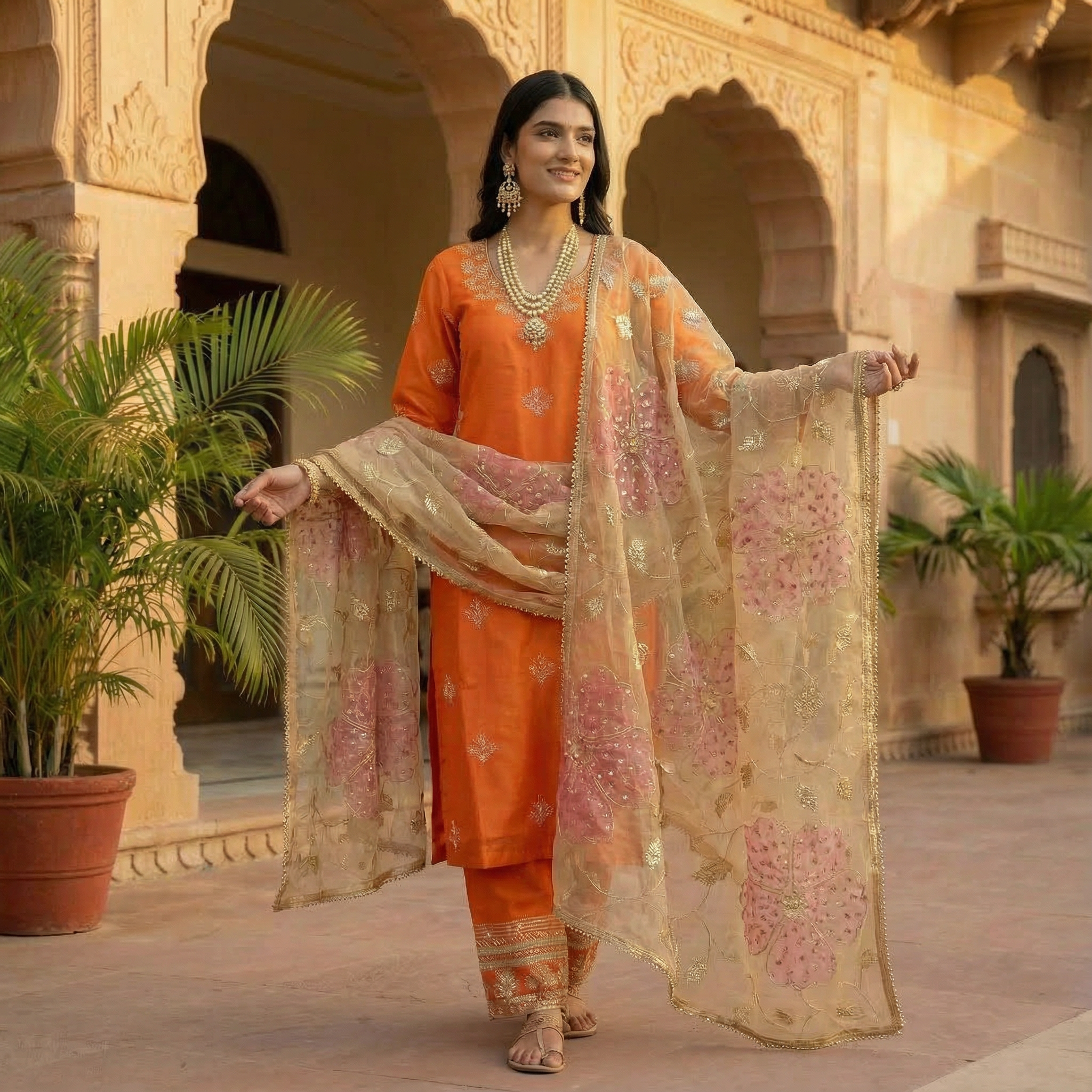 Zariya Noor Handcrafted Organza Rust Orange Kurta Set