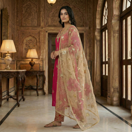 Gulnaar Zariya Handcrafted Organza fuchsia Kurta Set