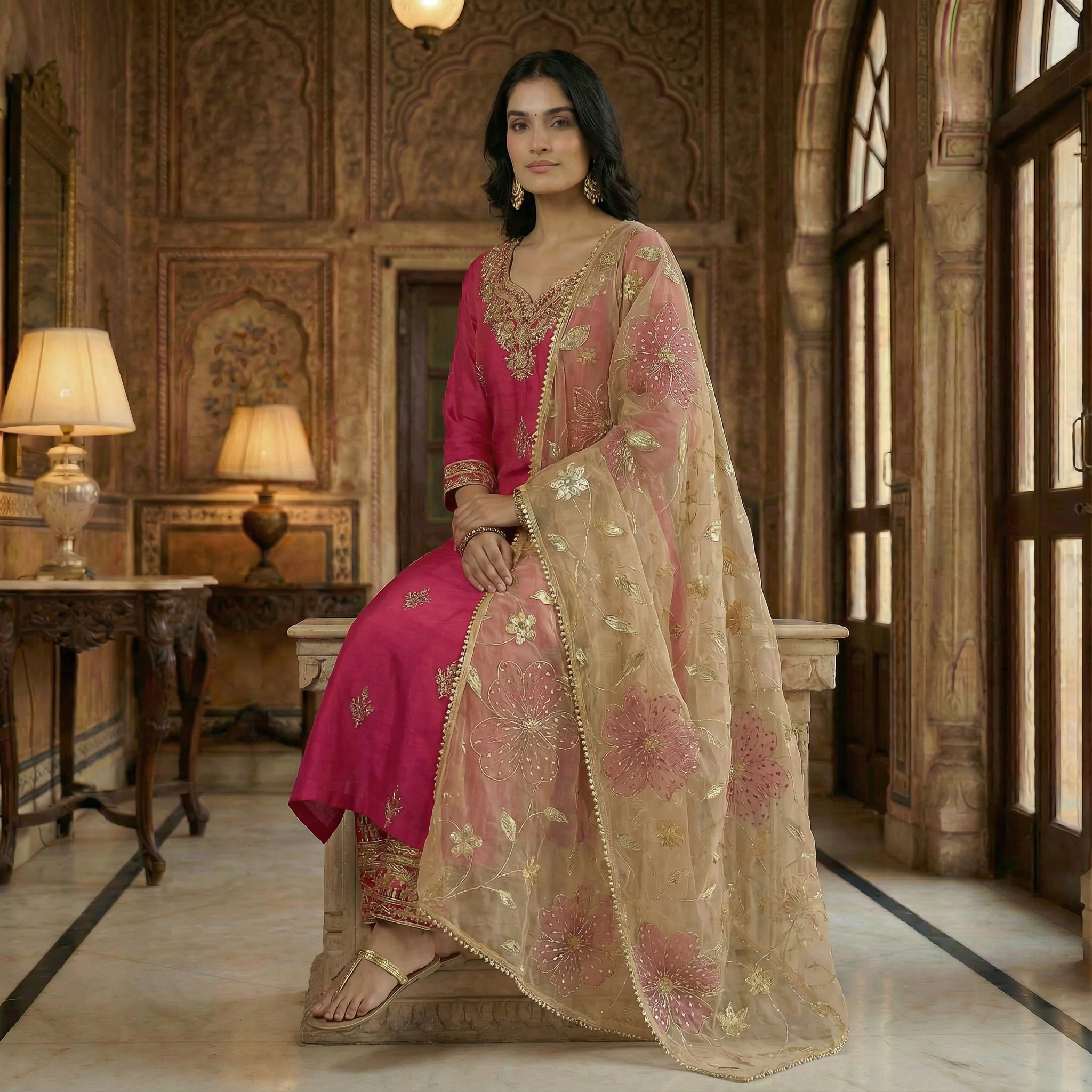 Gulnaar Zariya Handcrafted Organza fuchsia Kurta Set