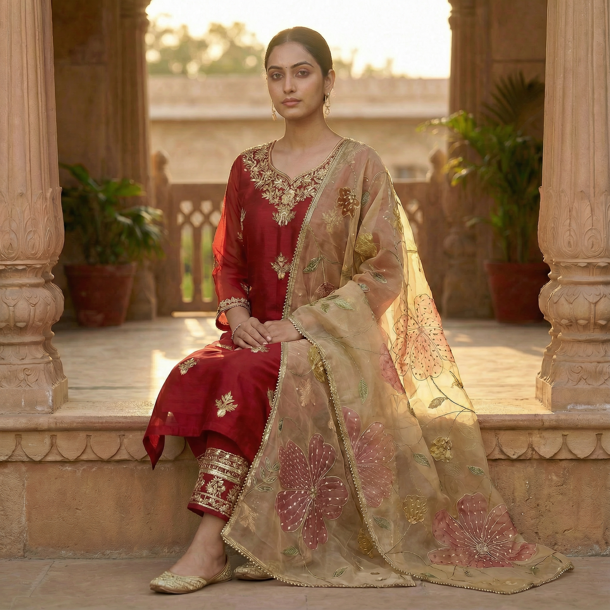 Zariya Gul Handcrafted Cherry Red Organza Kurta Set