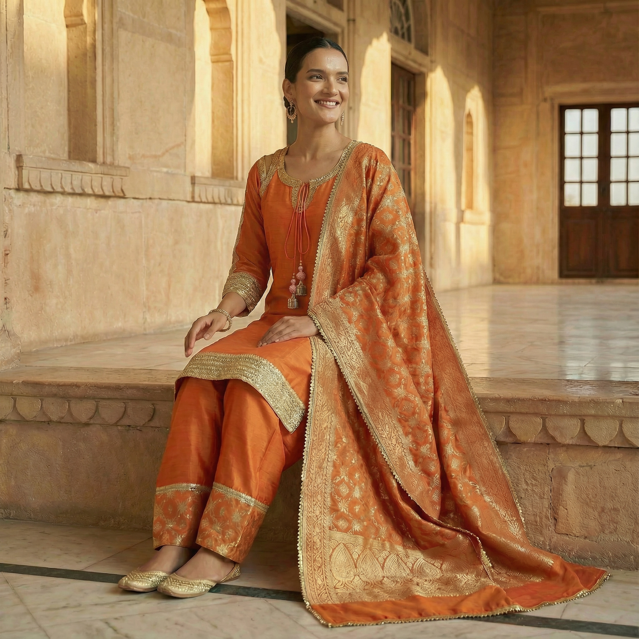 Noor Saffron Handcrafted Organza Kurta Set