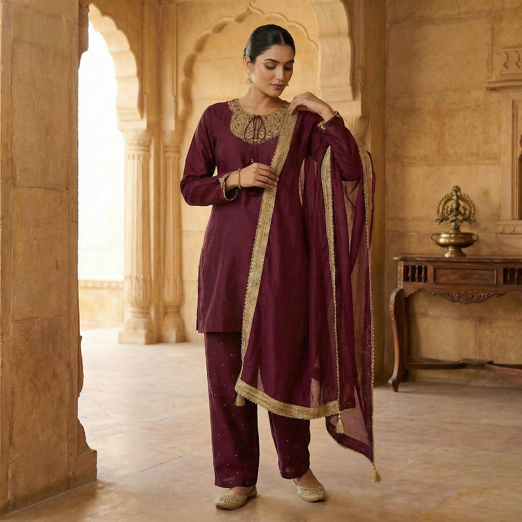 Shringar Wine Satin Kurta Set for women