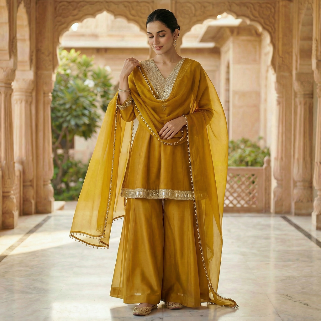 Sheesha Mustard Mirror work Kurta set