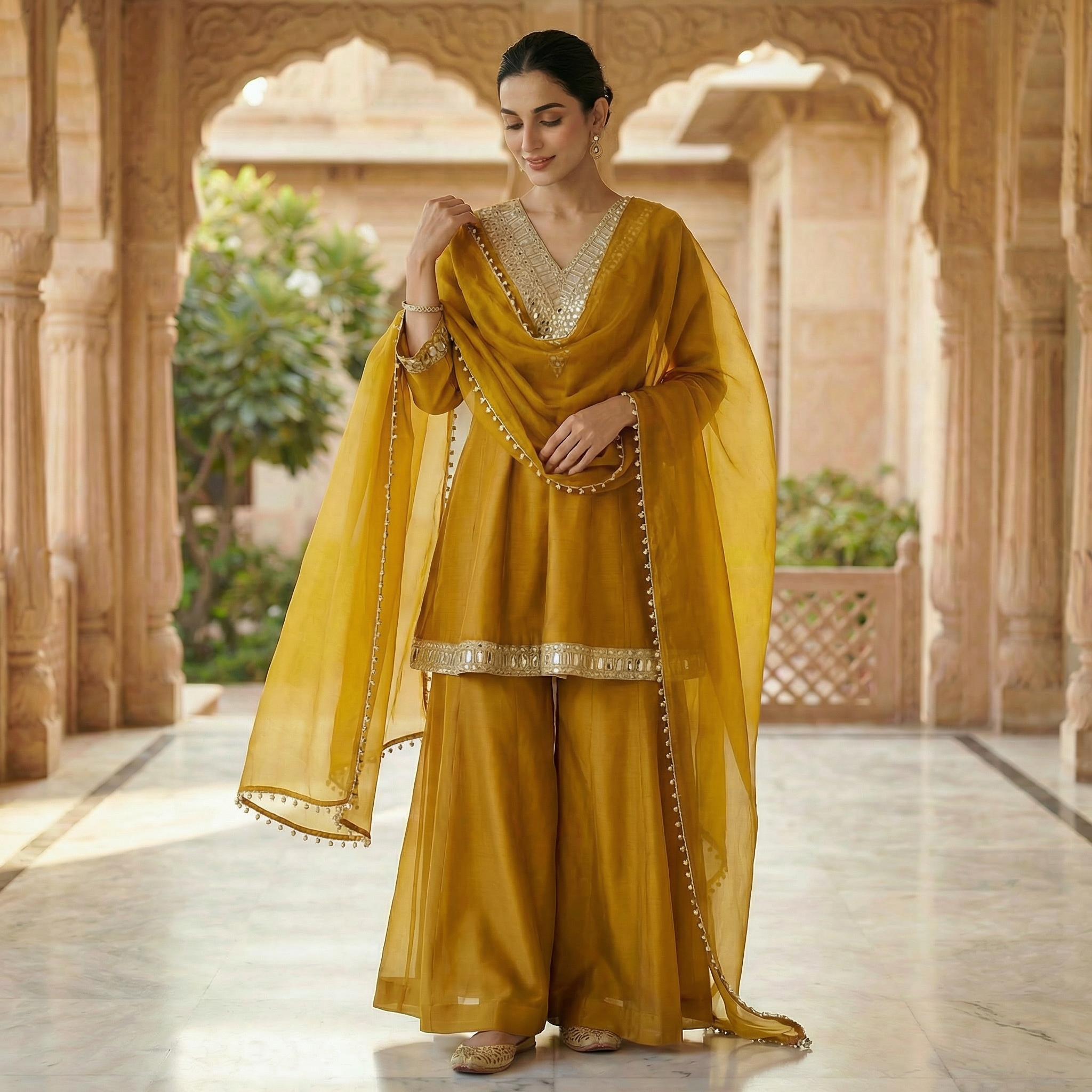 Sheesha Mustard Mirror work Kurta set