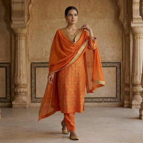 Kesariya Orange broket Kurta Set for women