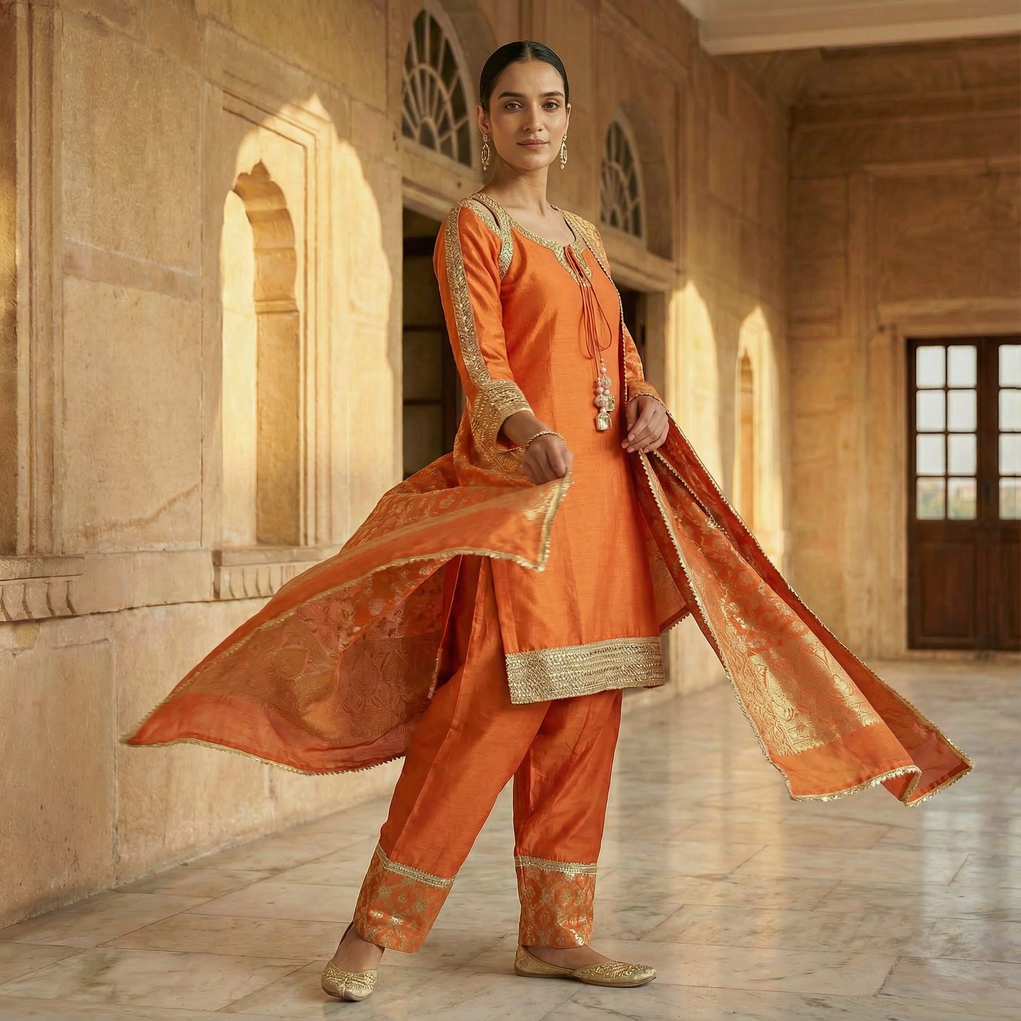 Noor Saffron Handcrafted Organza Kurta Set