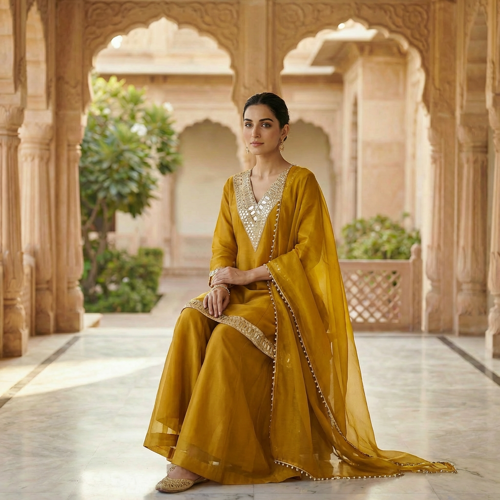 Sheesha Mustard Mirror work Kurta set