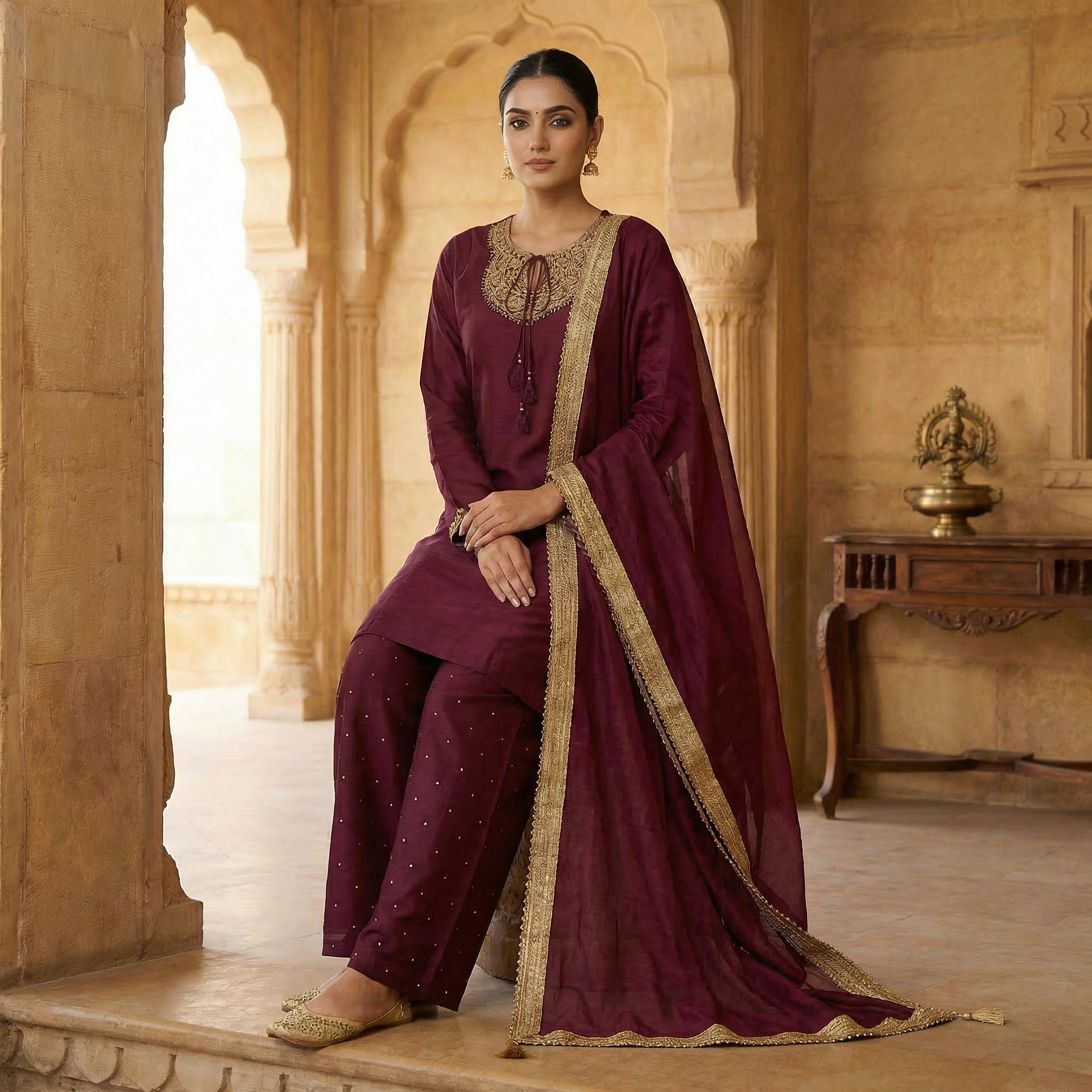 Shringar Wine Satin Kurta Set for women