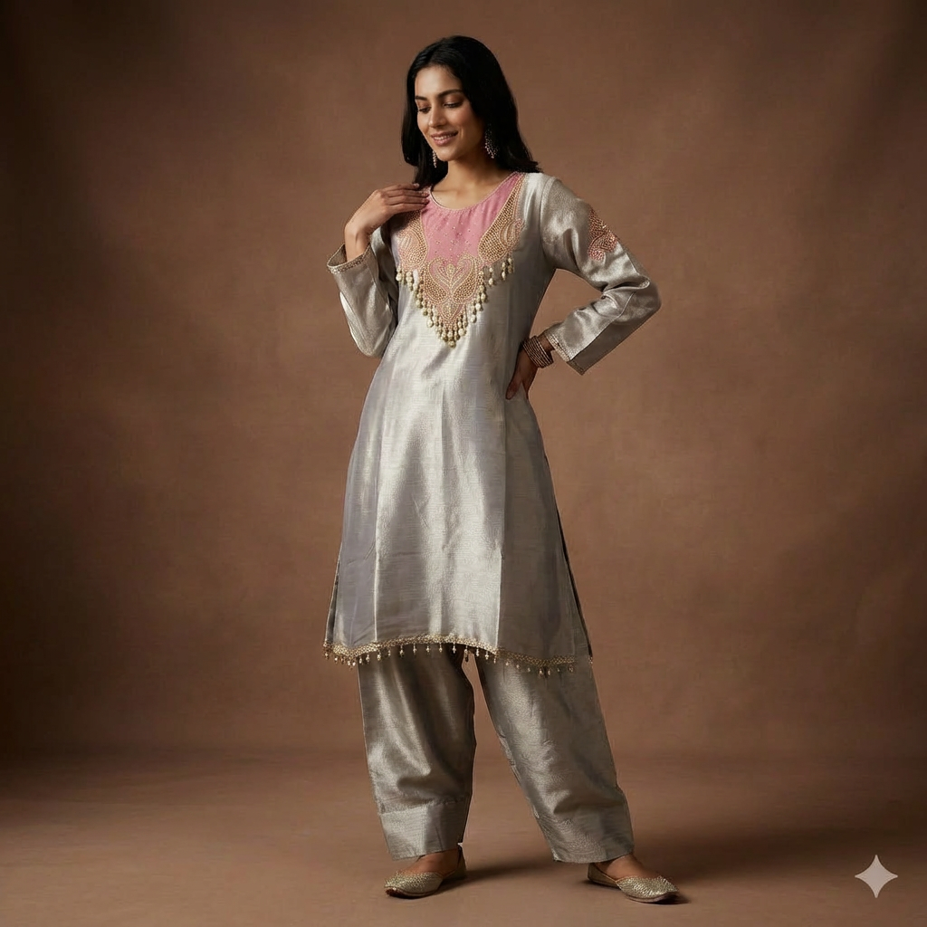 Silver Blush Elegance Giraff Silk Co-Ord Set with Farsi Salwar