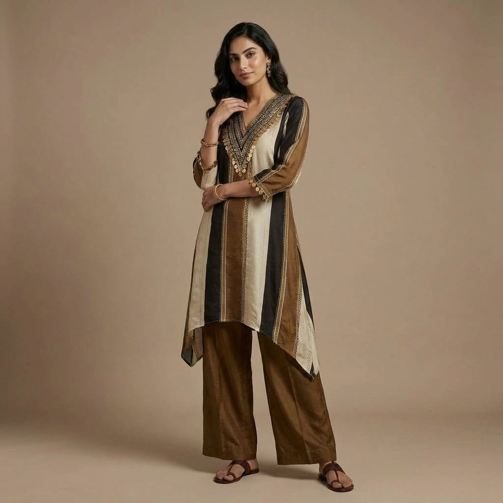 Brown Silk Panelled Kurta Set with Straight Pants