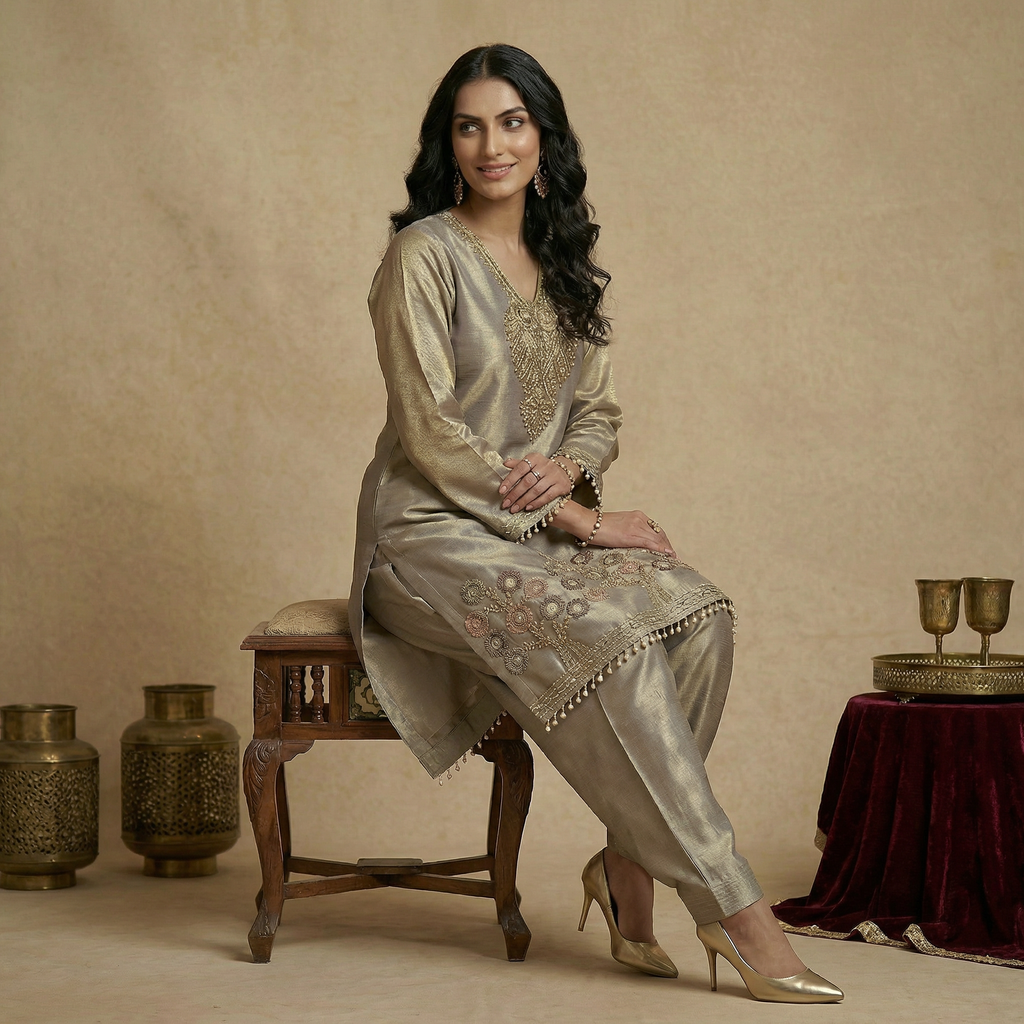 Champagne Grace Giraff Silk Co-Ord Set with Farsi Salwar
