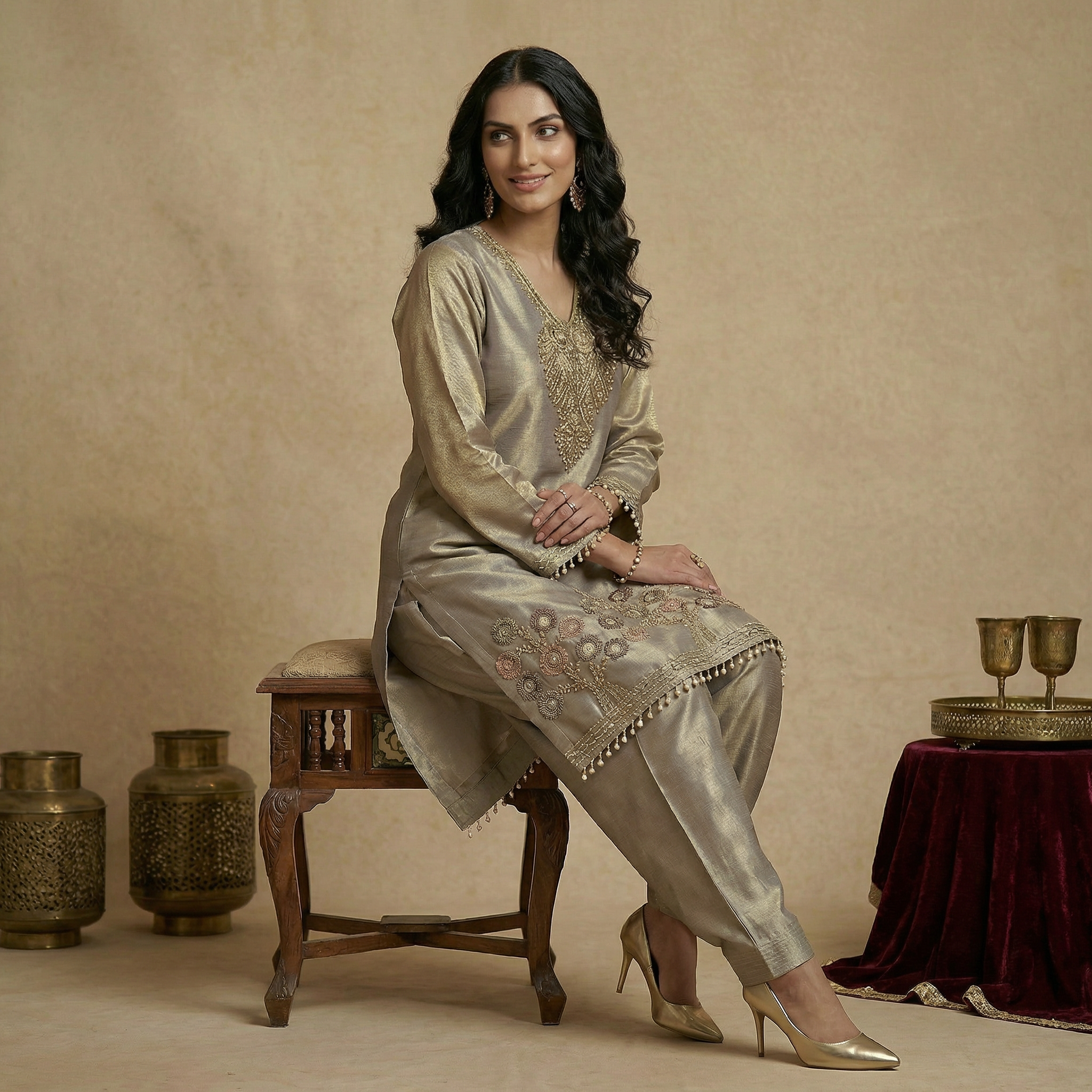 Champagne Grace Giraff Silk Co-Ord Set with Farsi Salwar