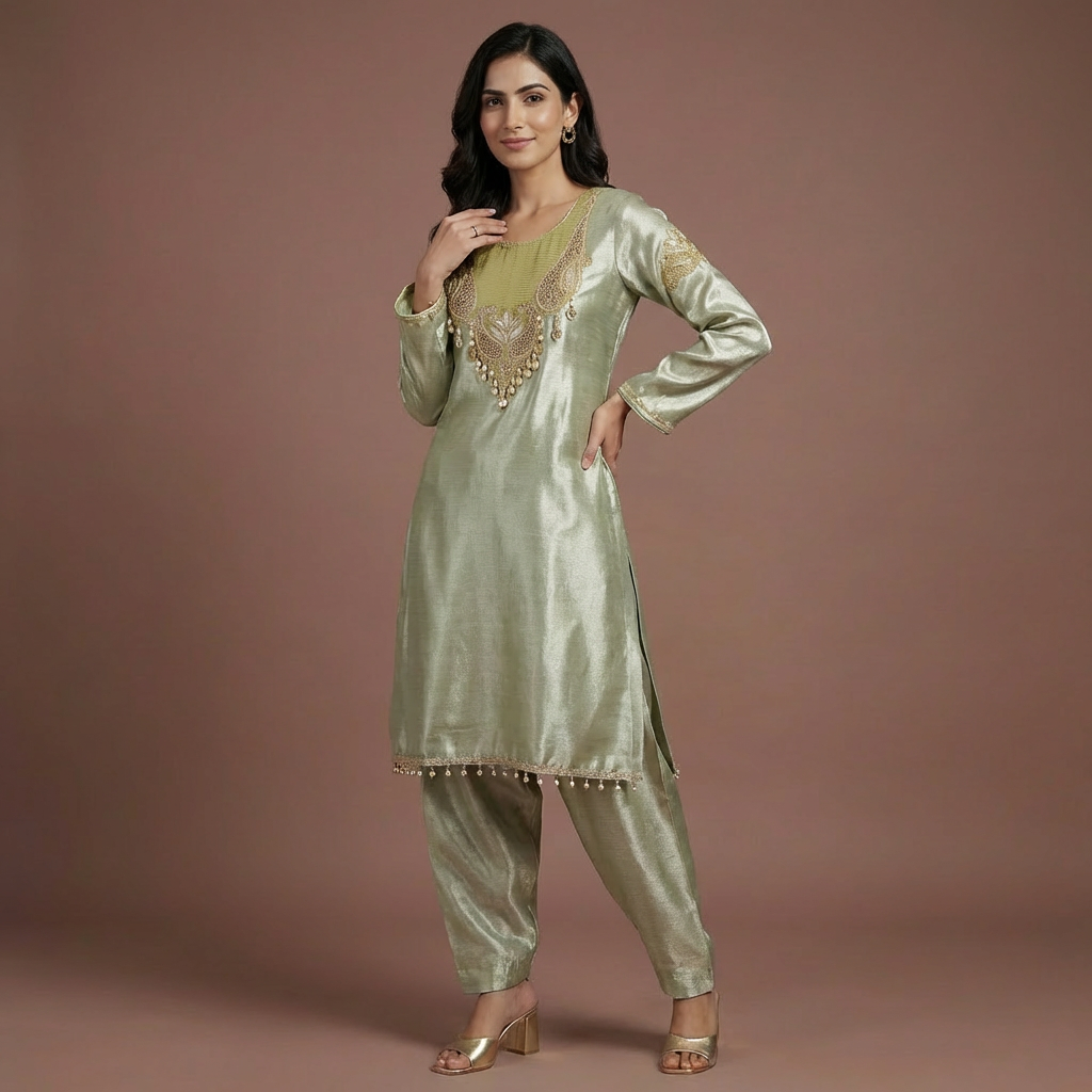 Green Blush Giraff Silk Co-Ord Set with Farsi Salwar