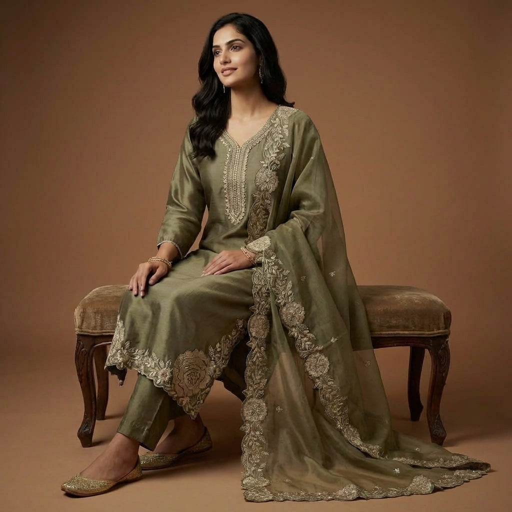 Olive Regal Embroidered Kurta Set