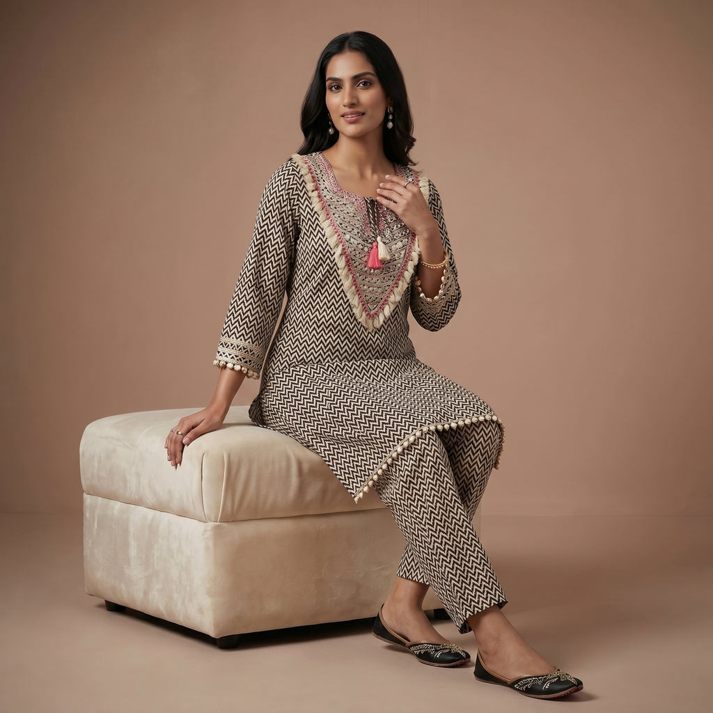 Ivory Chevron Grace Modal Silk Co-Ord Set
