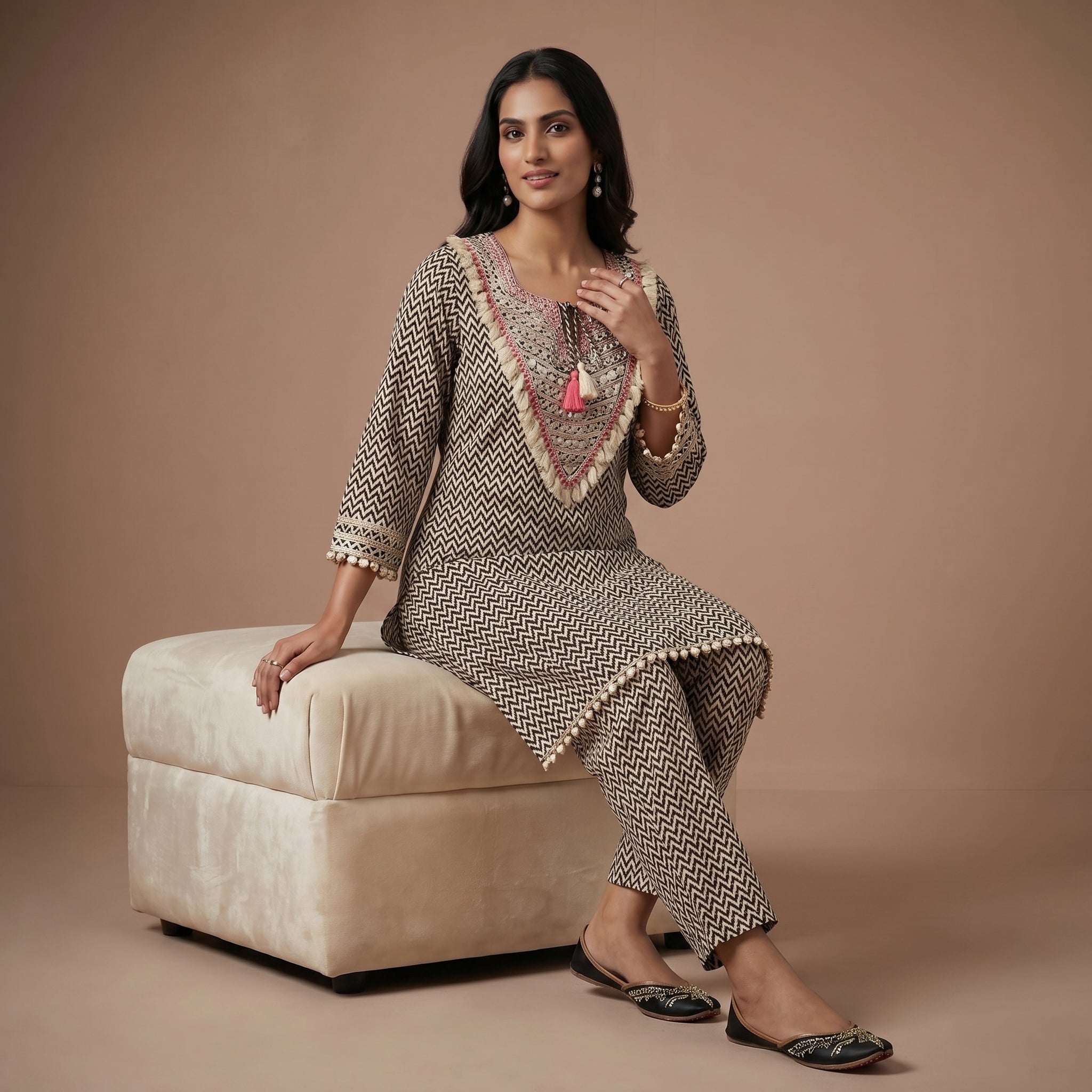 Ivory Chevron Grace Modal Silk Co-Ord Set