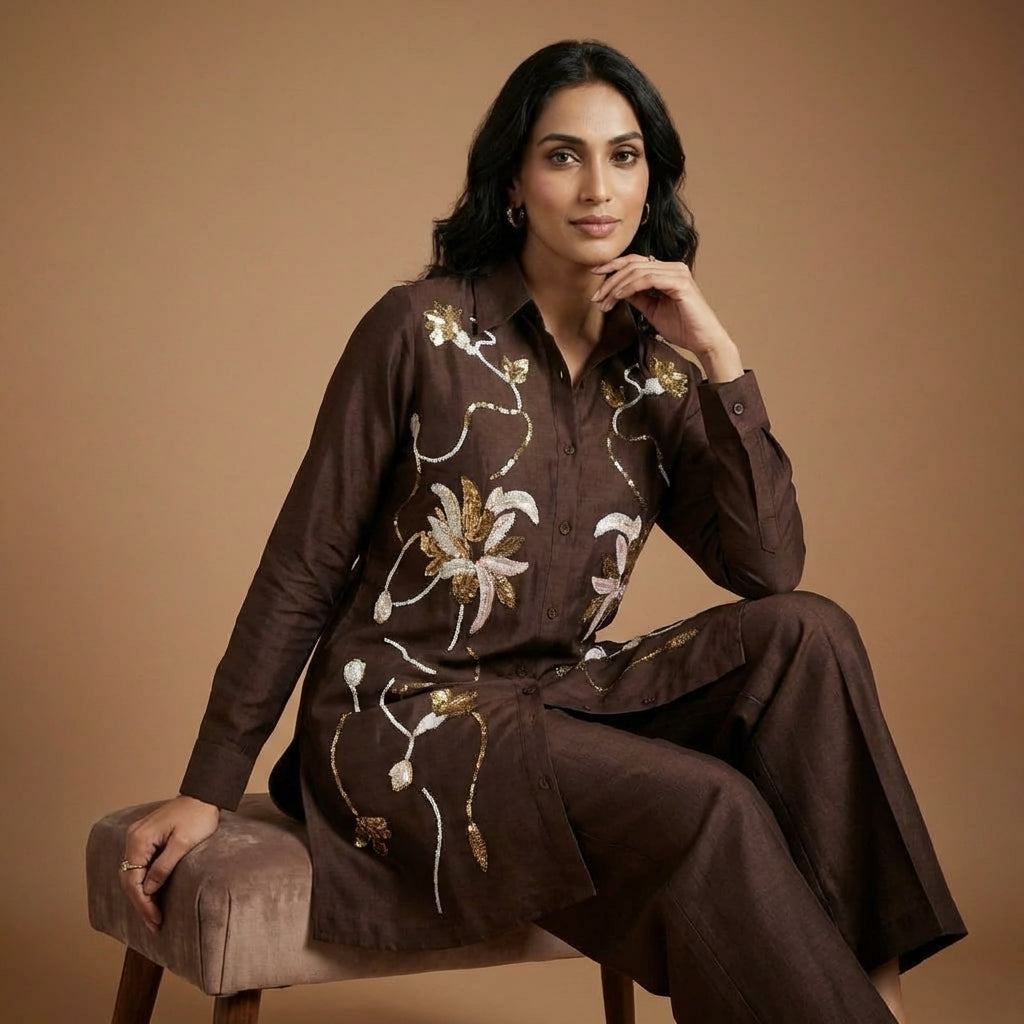 Mocha Bloom Embroidered Co-Ord Set