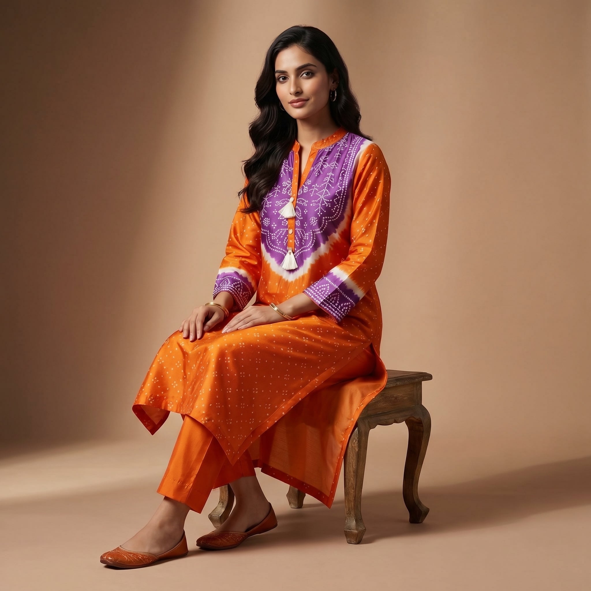 Tangerine Bandhej Gajji Silk Glow Kurta Set