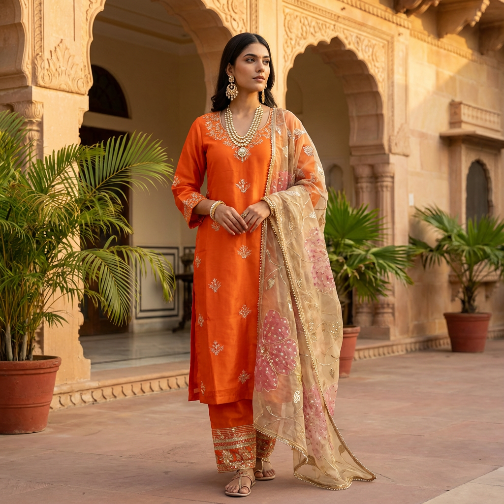 Zariya Noor Handcrafted Organza Rust Orange Kurta Set