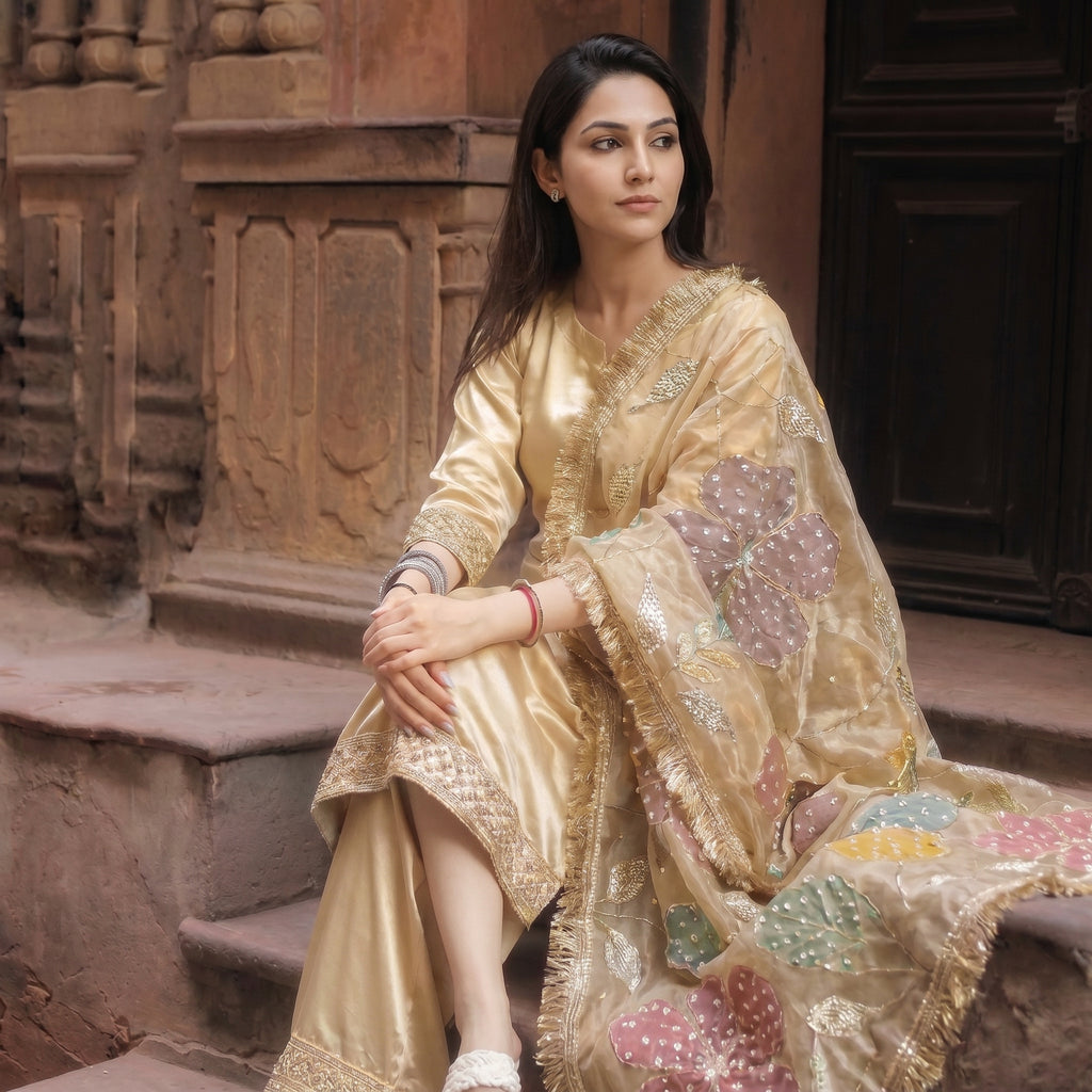 Pushpanjali Ivory satin - organza handwork  sharara set